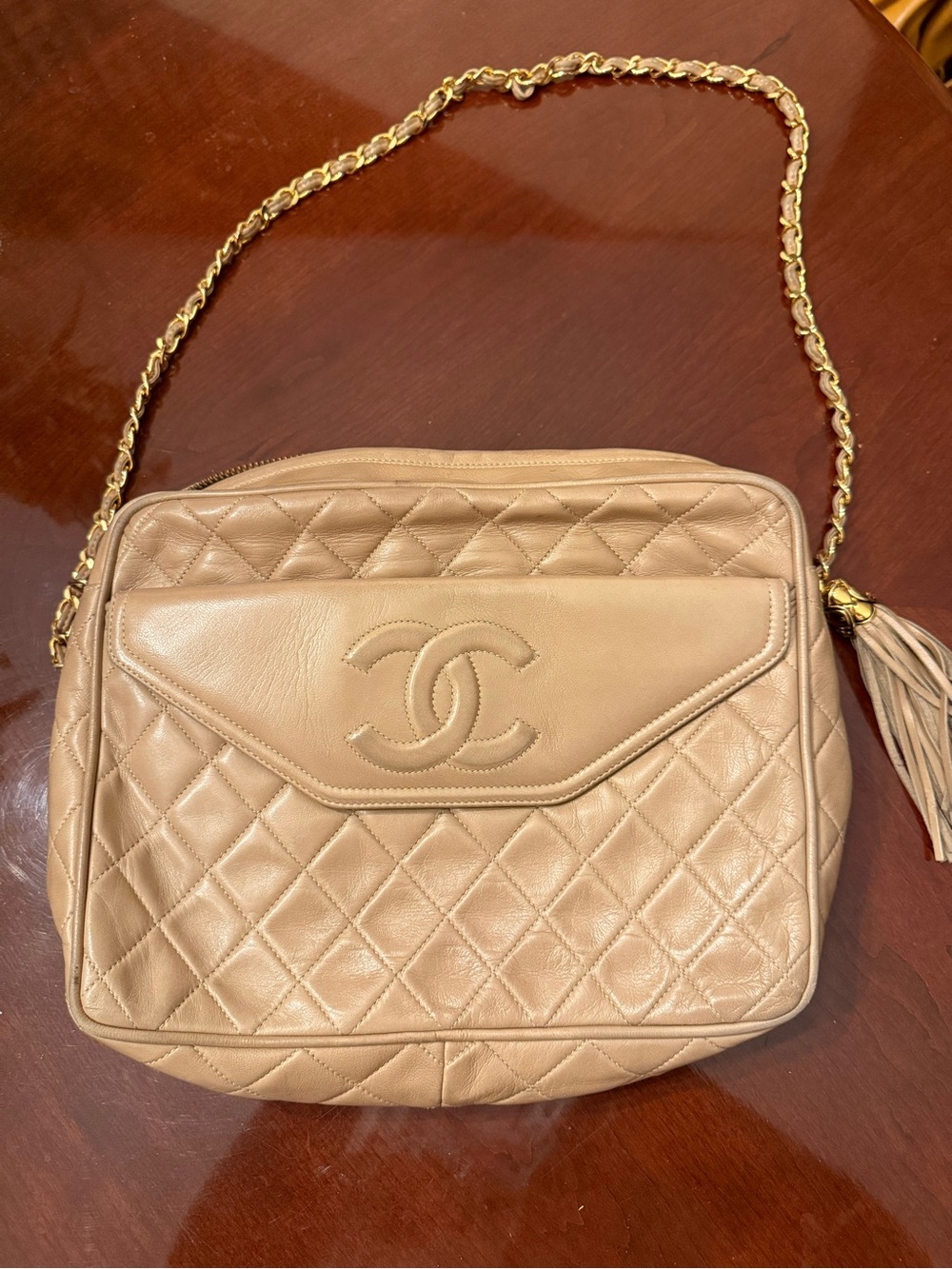 CHANEL Vintage Camera Quilted Lambskin Shoulder Bag in Beige-Tan with Gold Chain